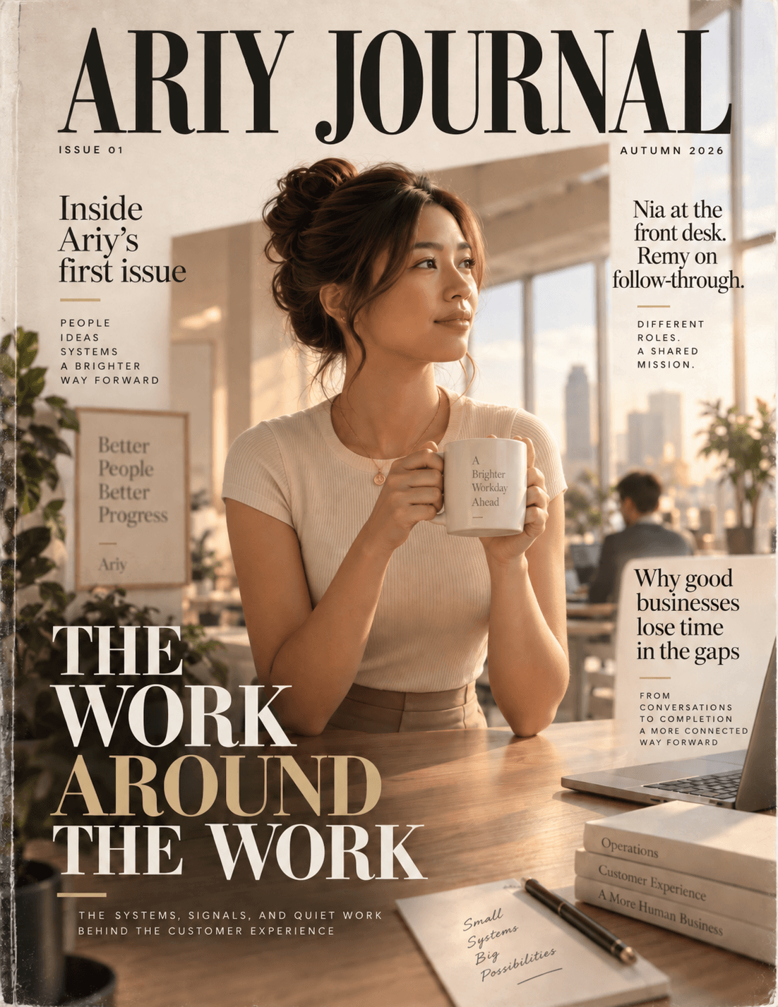 Ariy Journal Issue 01 cover, titled The Work Around the Work, featuring an editorial representation of Nia in a warm studio setting