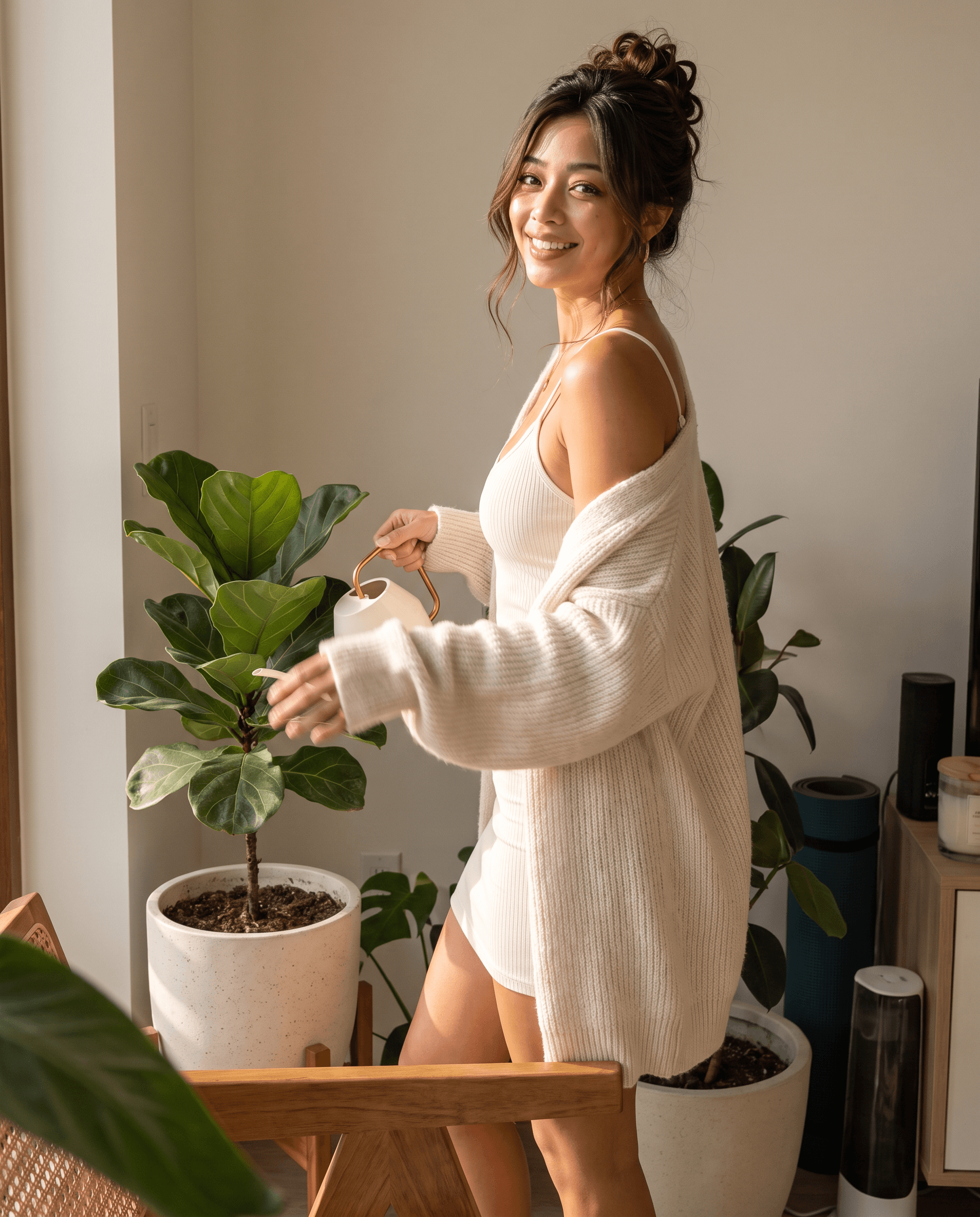 Editorial representation of Nia watering plants at home