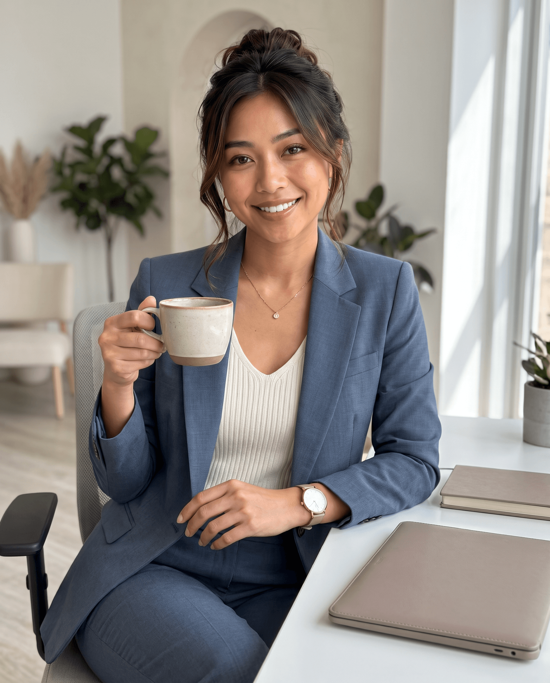 Editorial representation of Nia at a desk during a workday