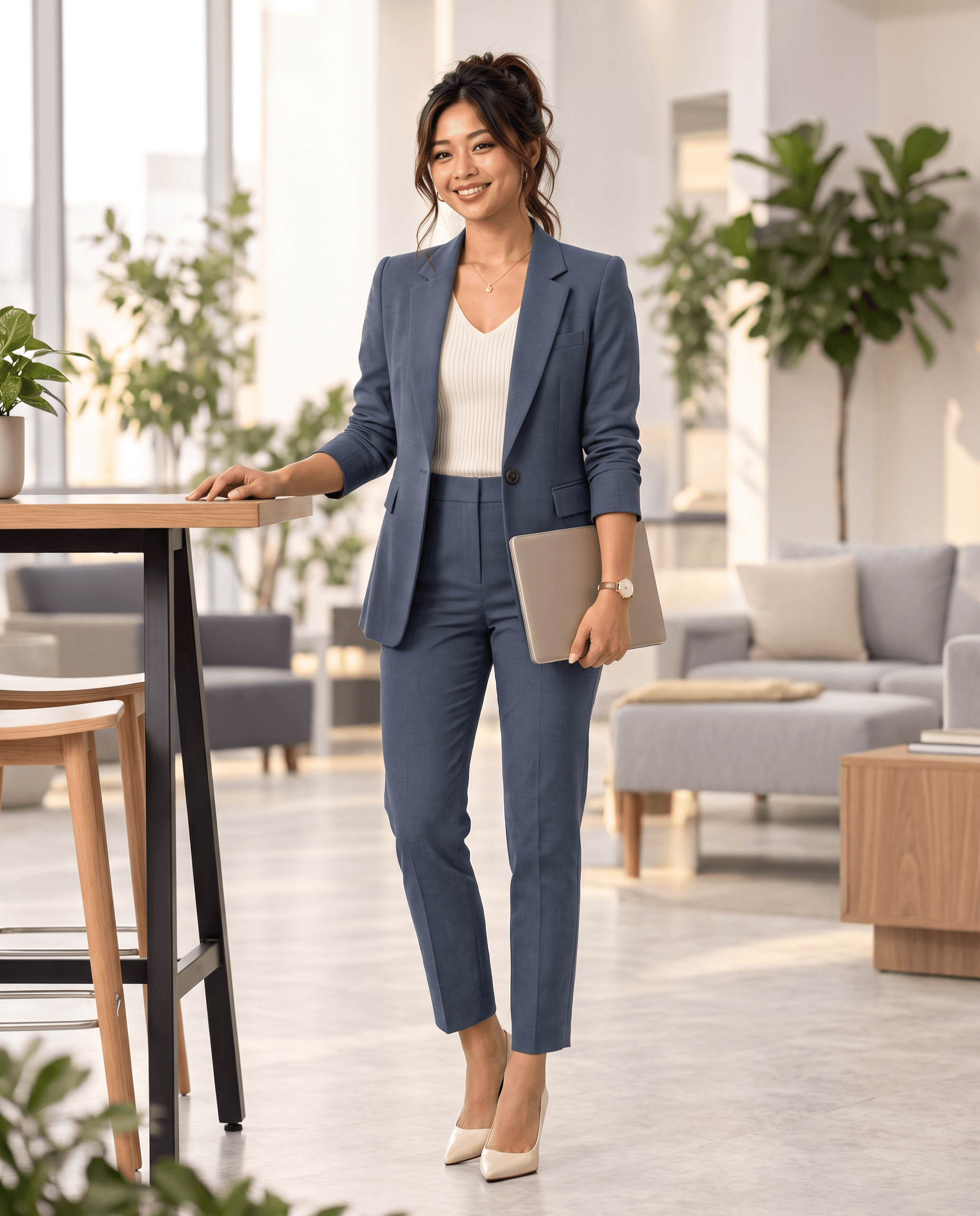 Editorial representation of Nia in a bright office lounge