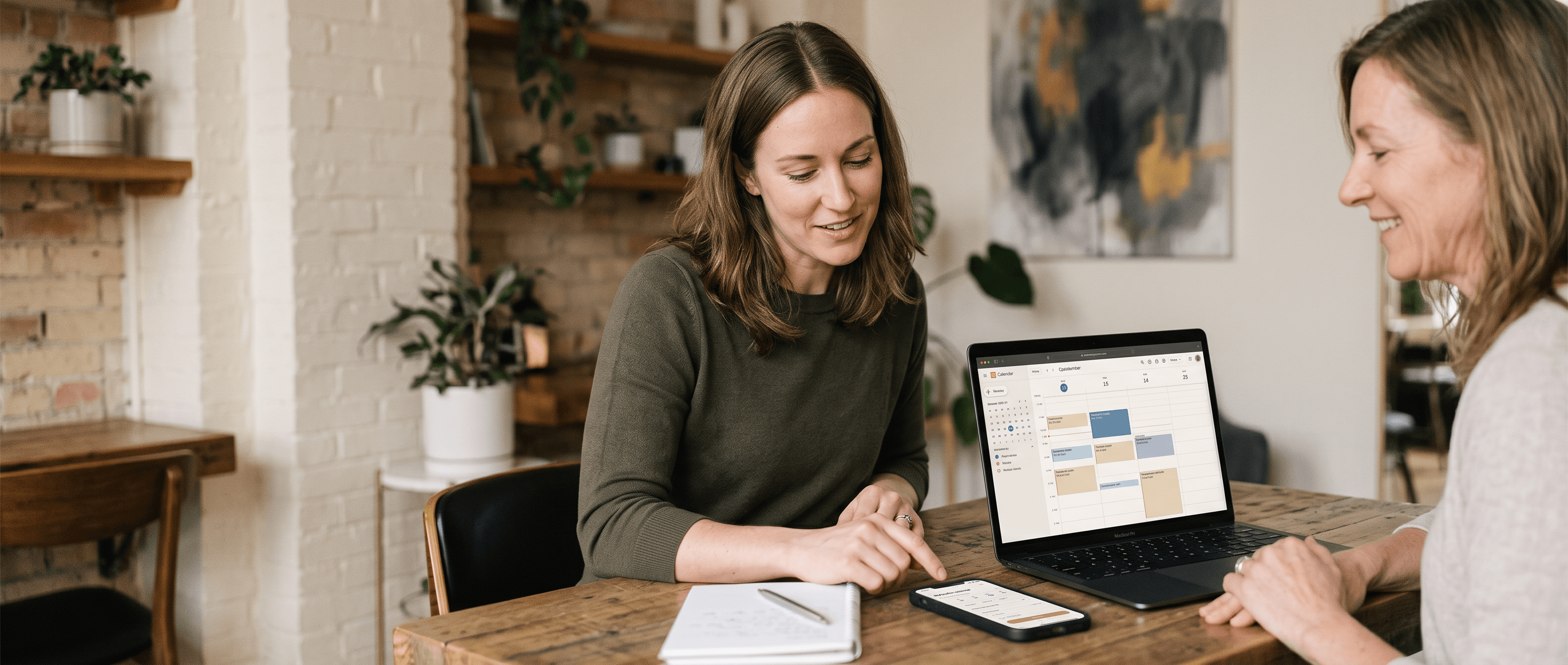 A service-business team member helping a customer while appointment coordination happens quietly in the background