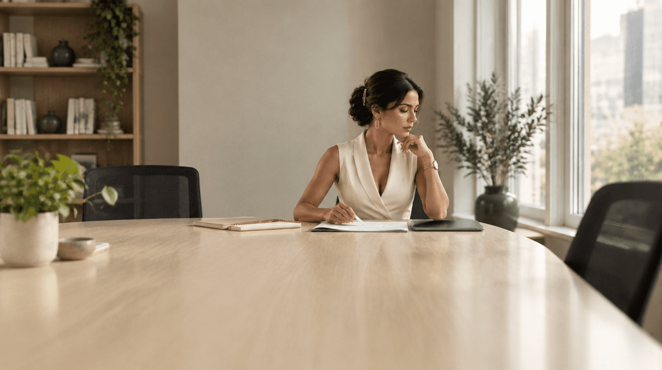 Aletheia reviewing client-facing documents at a meeting table in the Ariy&Co office