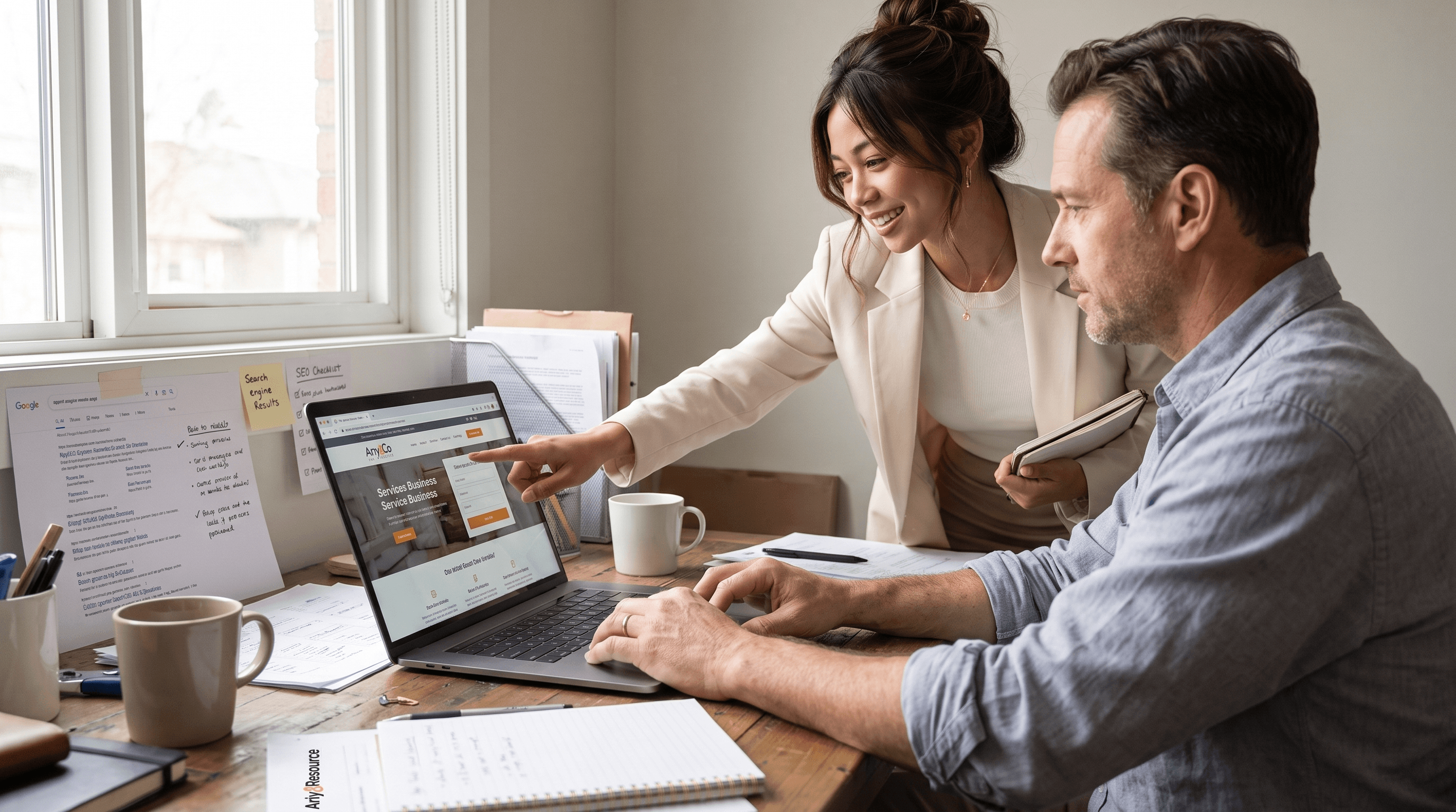 Nia working alongside a small-business owner as they review website search visibility and customer search intent
