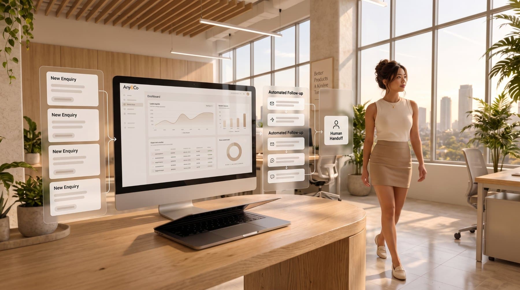 Ariy&Co lead follow-up workflow showing new enquiries moving through automated follow-up toward a human handoff, with Nia in the background