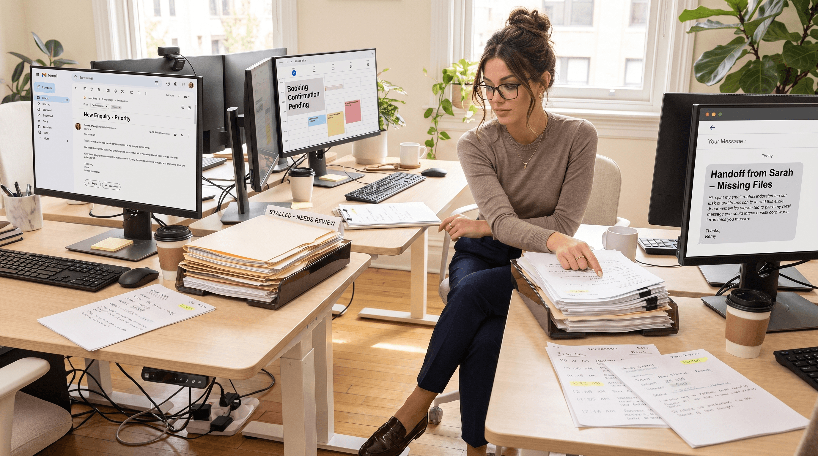 Remy tracing a stalled handoff in a lived-in small-business workspace while ordinary enquiries and booking work continue around the bottleneck
