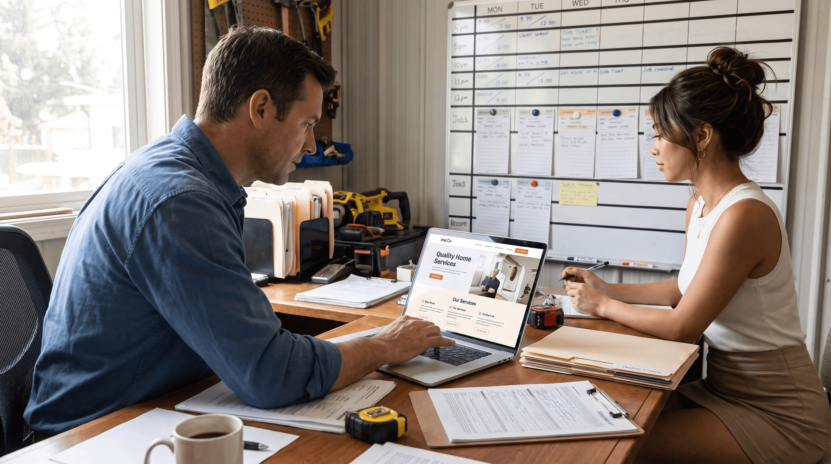 Nia reviewing a service-business website with a local business owner in a practical working office