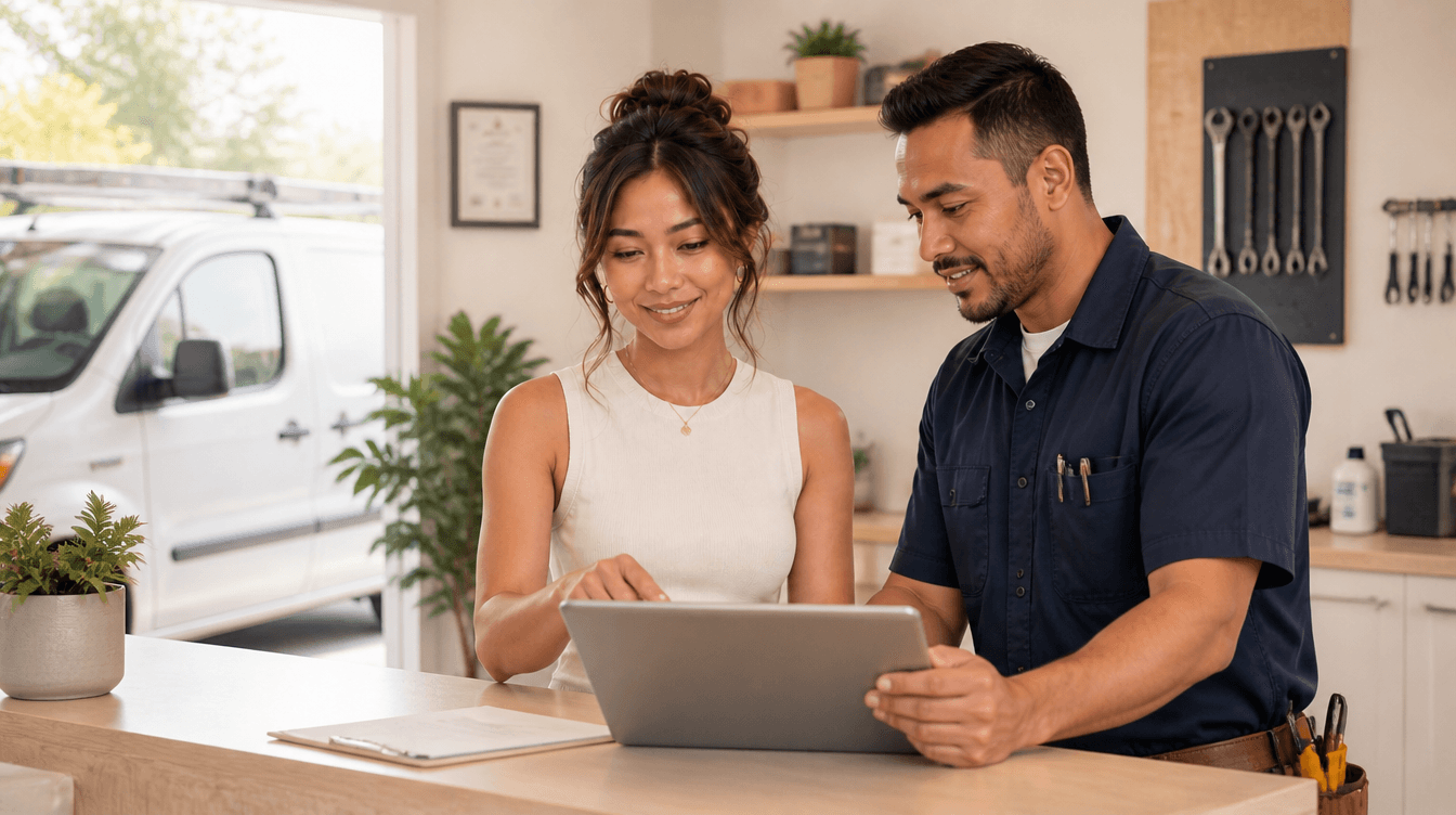 Nia reviewing a customer website enquiry with a home-service business owner in a modern HVAC service-business workspace