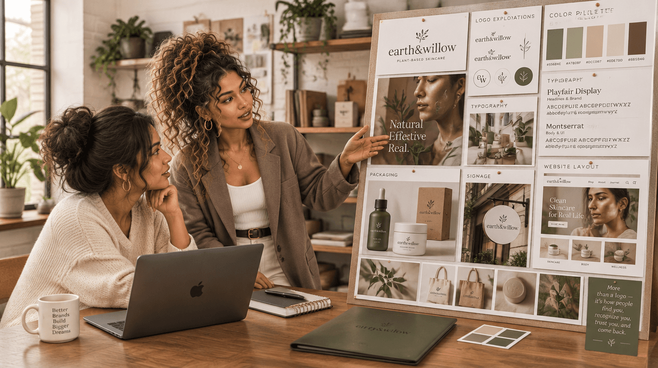 Zyla reviewing a small-business brand identity system with an owner using a presentation board and laptop in a lived-in creative studio