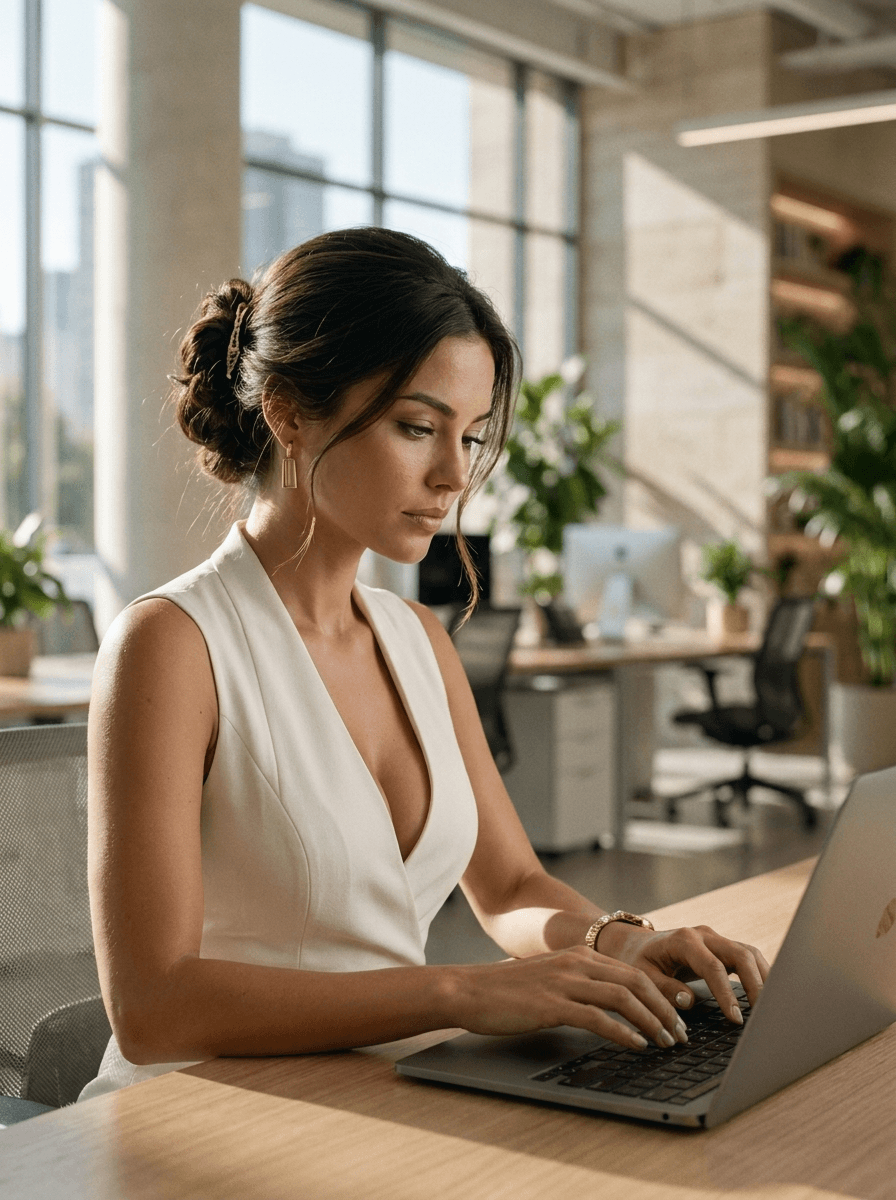 Aletheia working on a laptop in the Ariy & Co office