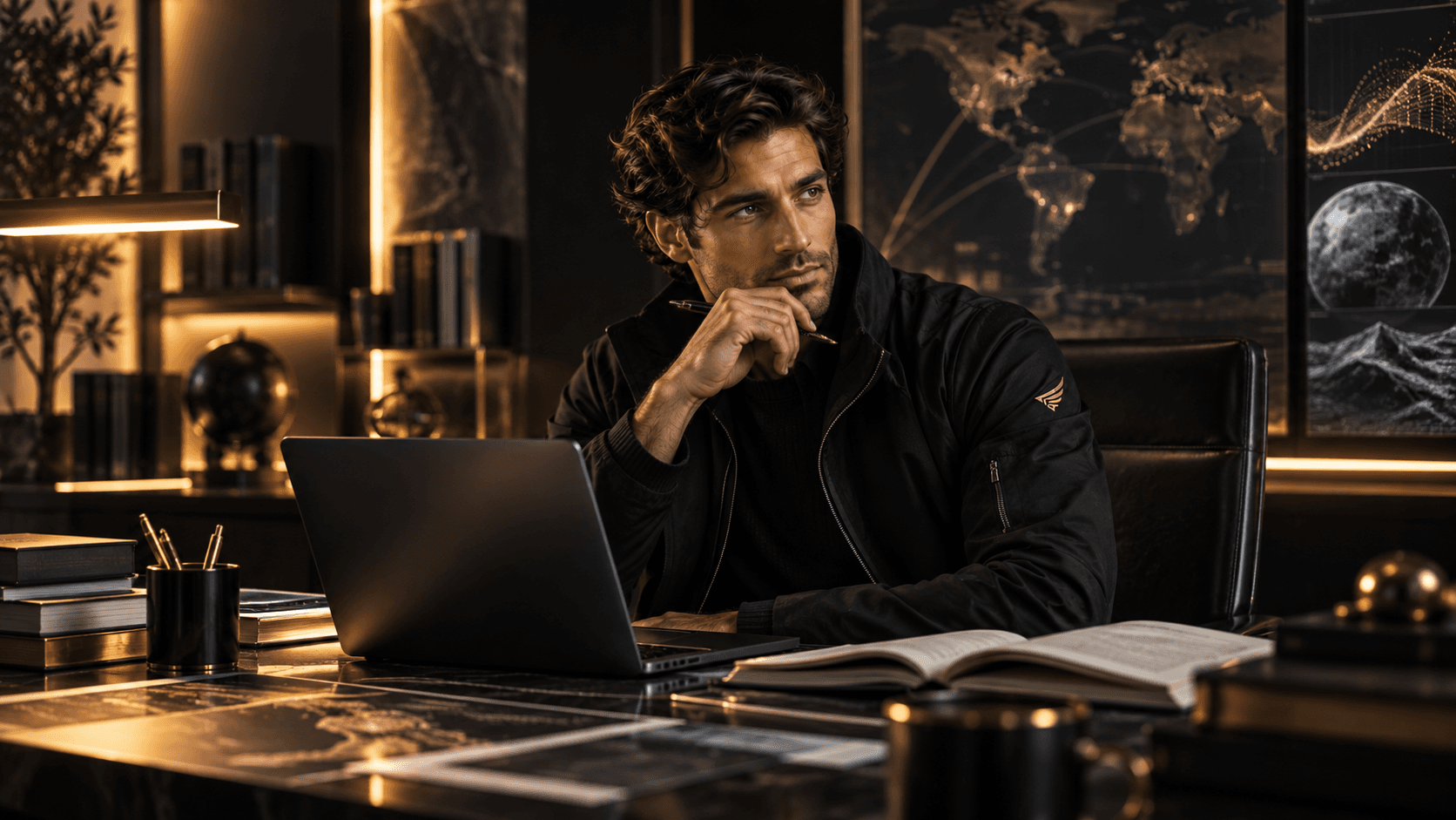 Hermes researching at his desk, the visual identity of Ariy&Co's research model