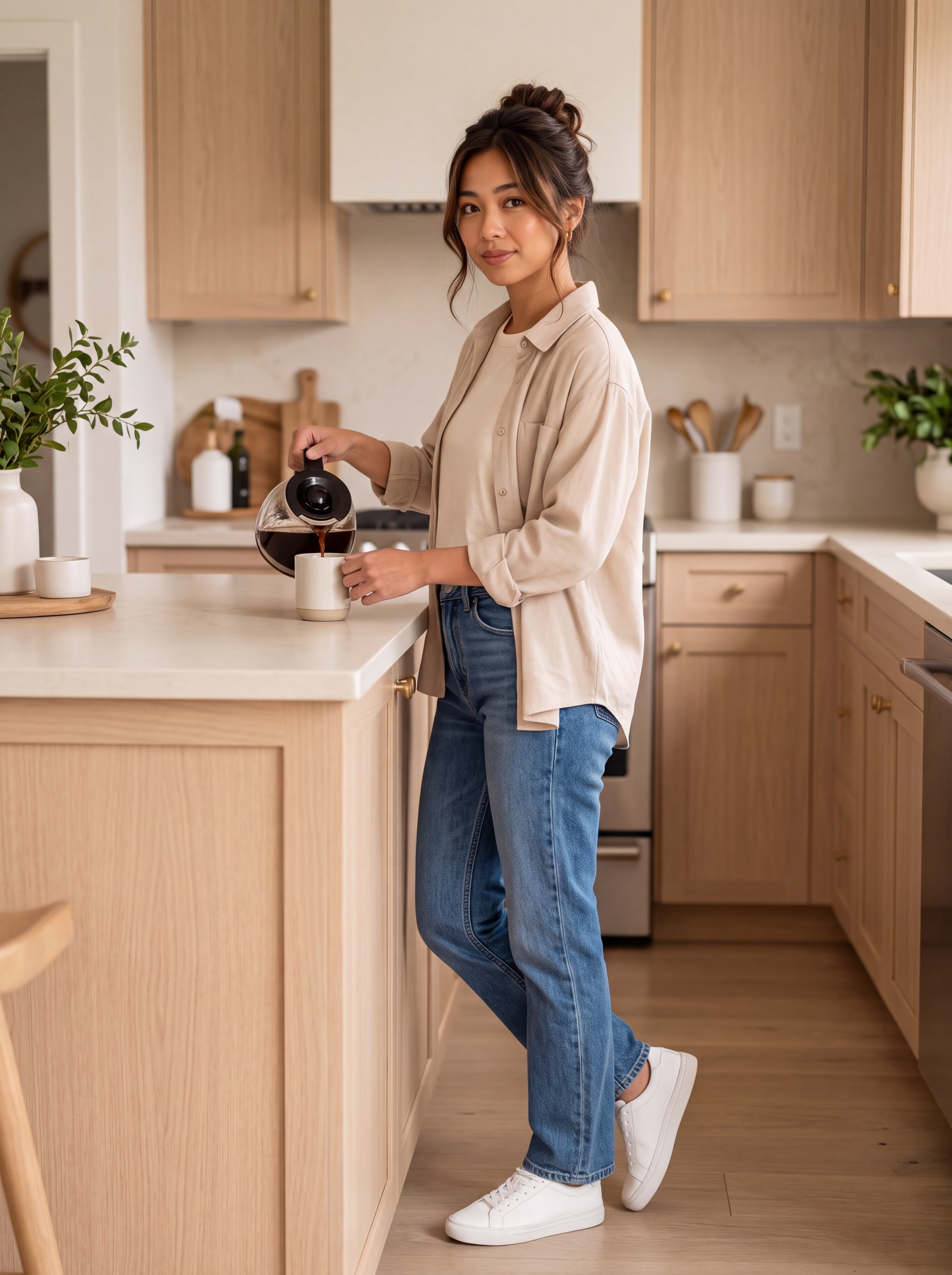 Nia making coffee at home in a casual weekend outfit