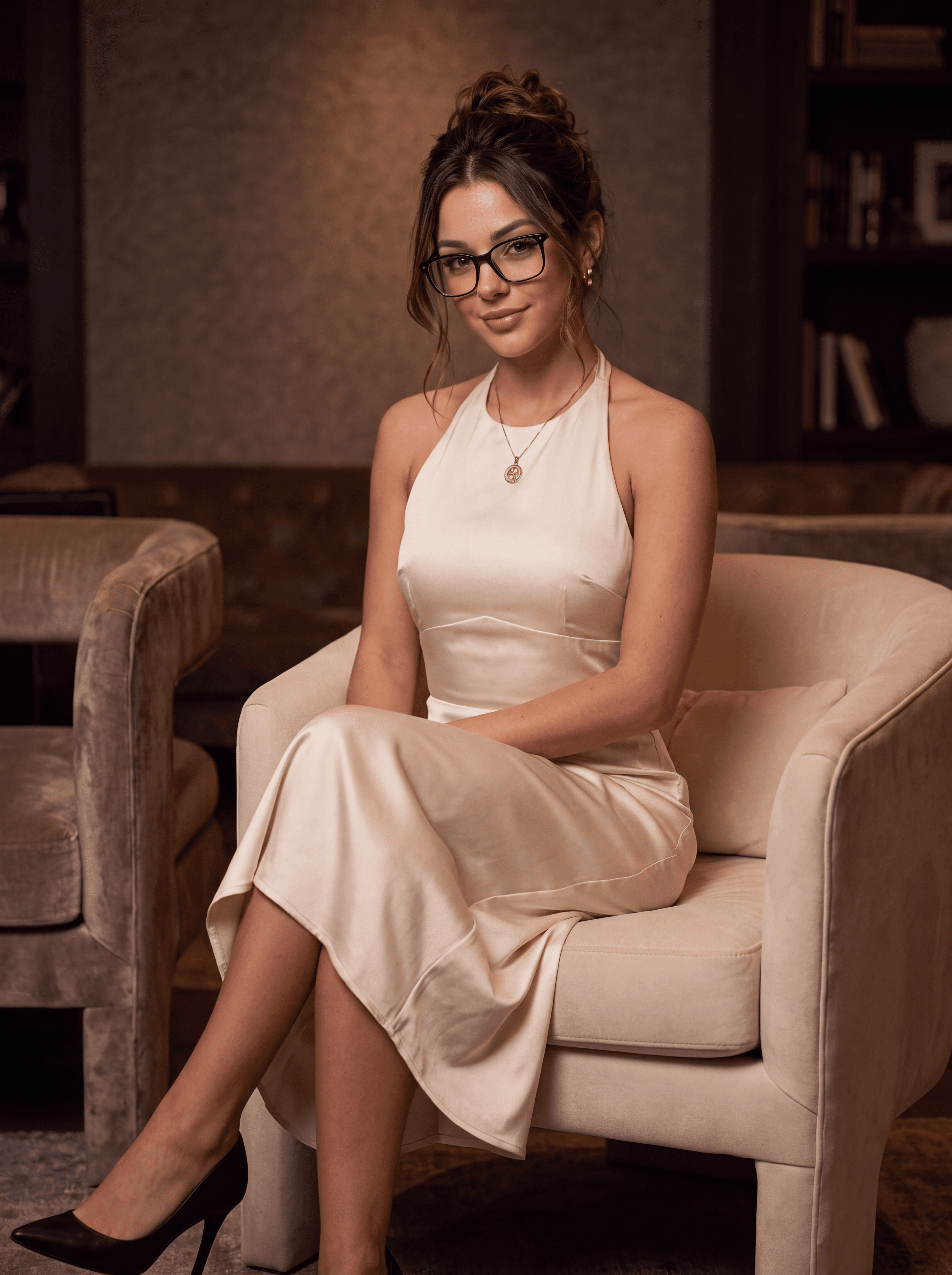 Remy dressed for an evening out in a cream satin dress