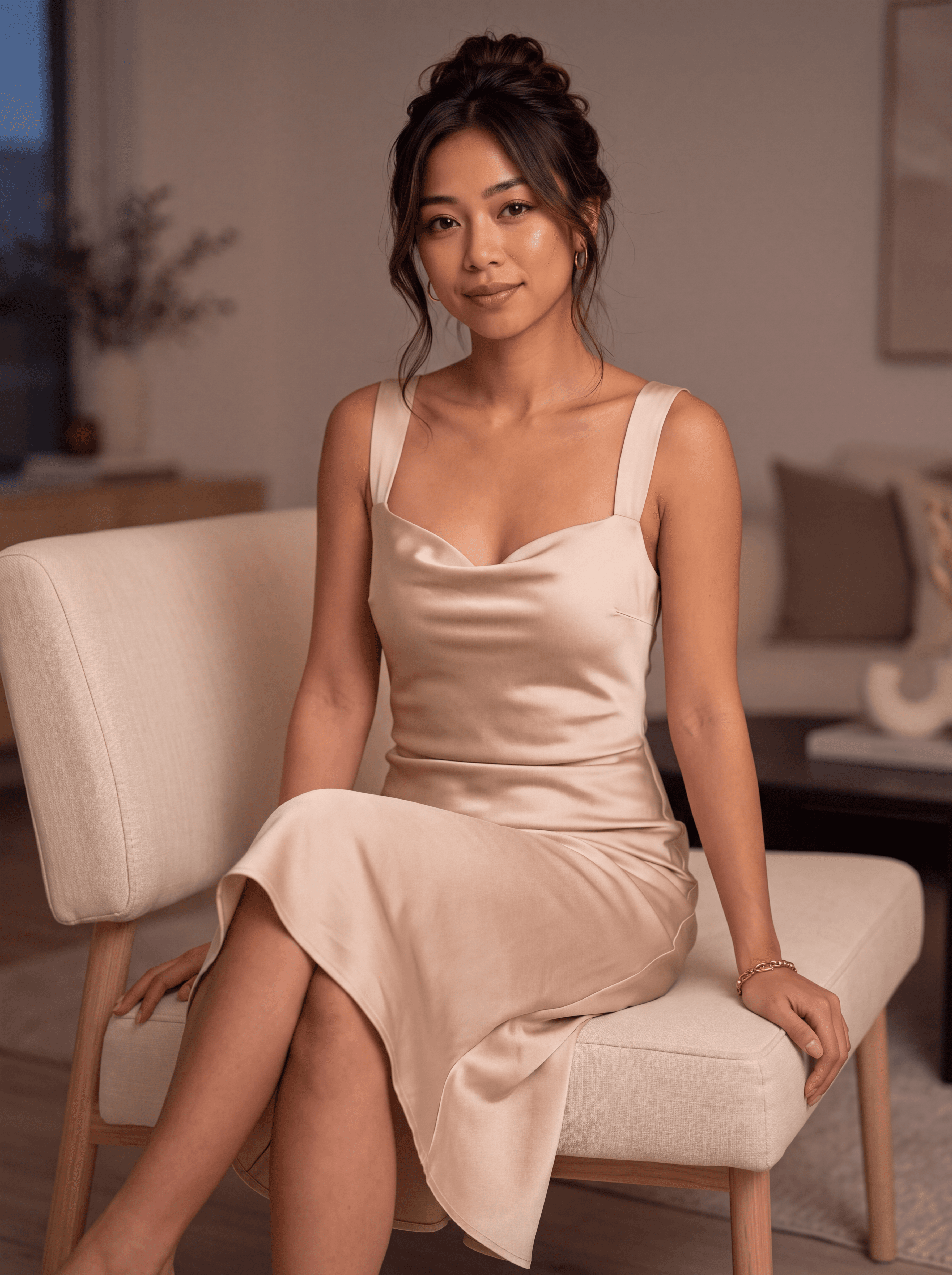 Nia dressed for an evening out in a satin dress
