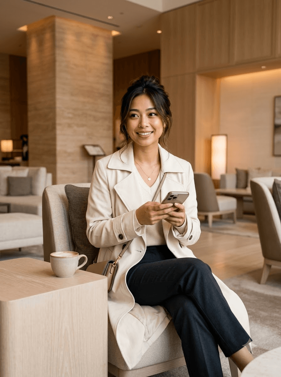 Nia checking her phone in a hotel lobby
