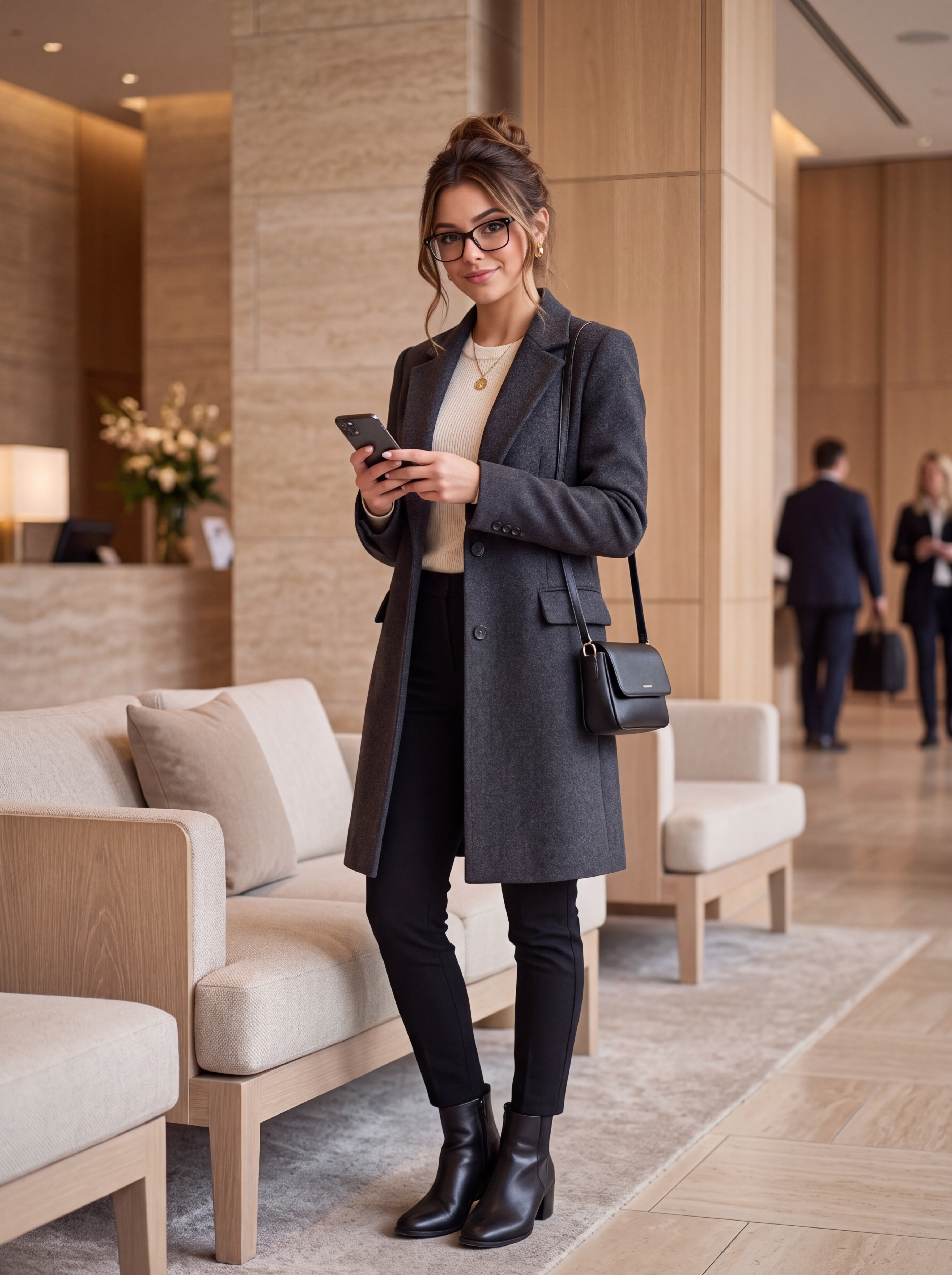 Remy checking her phone in a hotel lobby