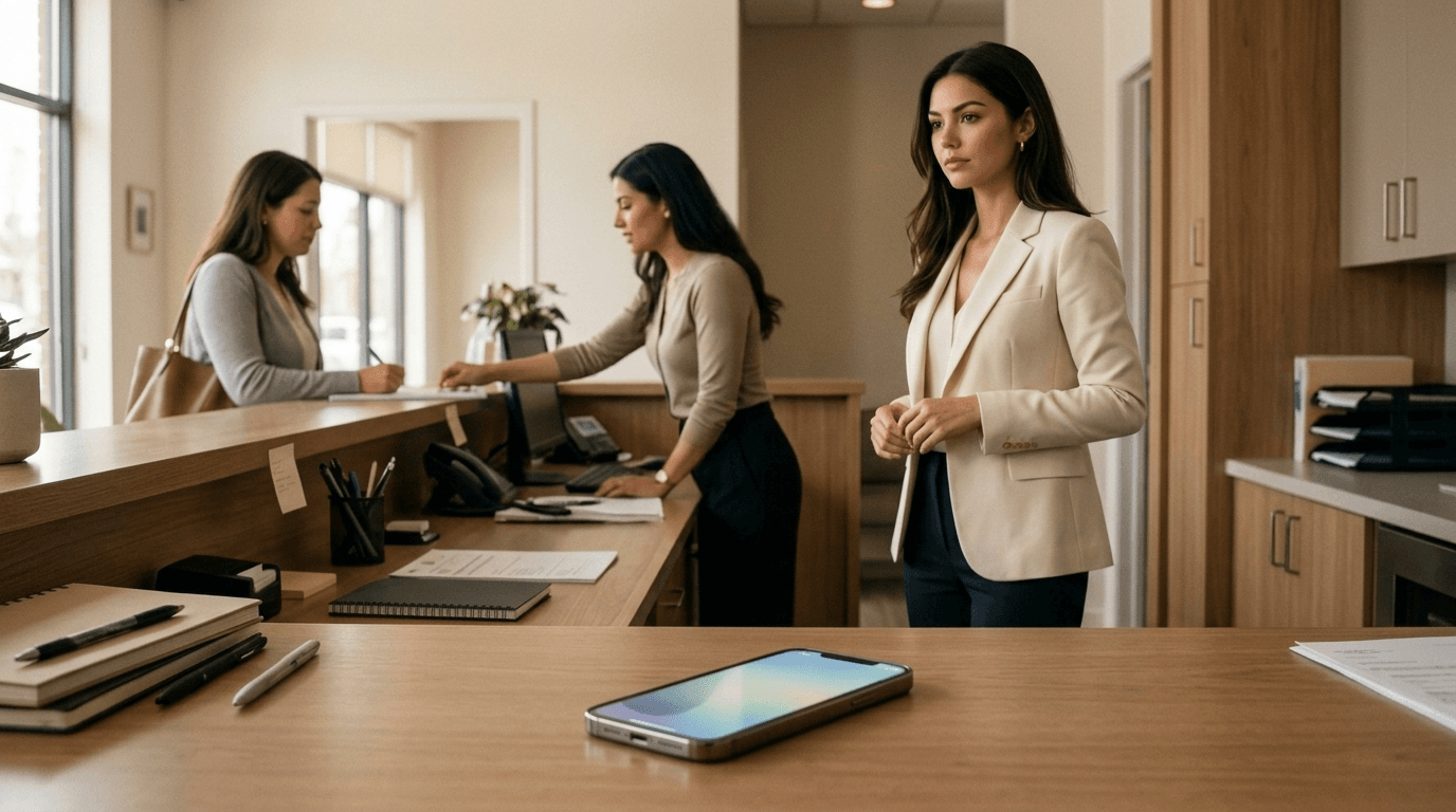Aletheia quietly overseeing a busy service-business front desk while staff help a customer and a missed call waits on the desk