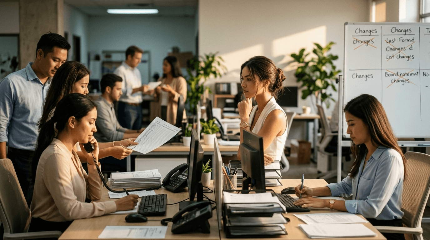 Aletheia quietly overseeing a busy service-business workflow while staff handle customers, bookings, notes, and handoffs across a lived-in workplace