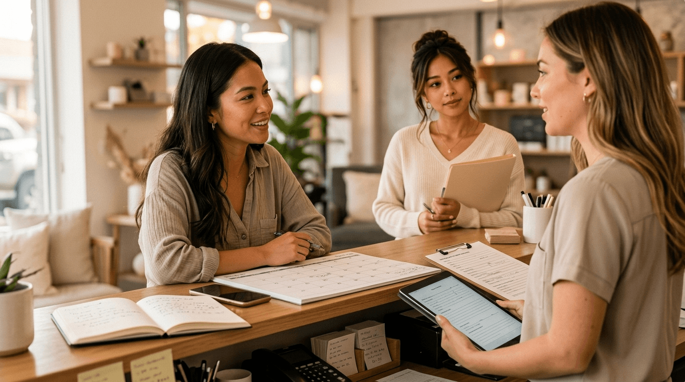 Nia coordinating a new client intake at a lived-in service-business front desk with an intake folder, booking materials, phone, and client conversation in progress