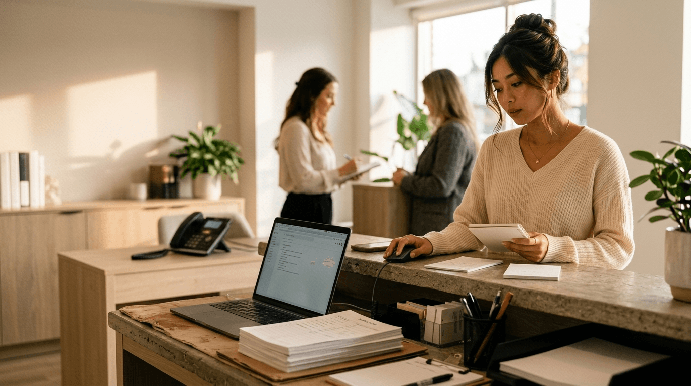 Nia calmly coordinating customer enquiries at a busy, warm service-business front desk while staff help other customers and routine calls and notes wait for attention