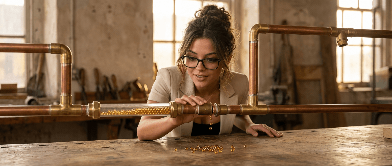 Remy investigating a leaking copper pipeline as small golden beads spill through a loose connection, symbolizing promising customer leads slipping through operational gaps