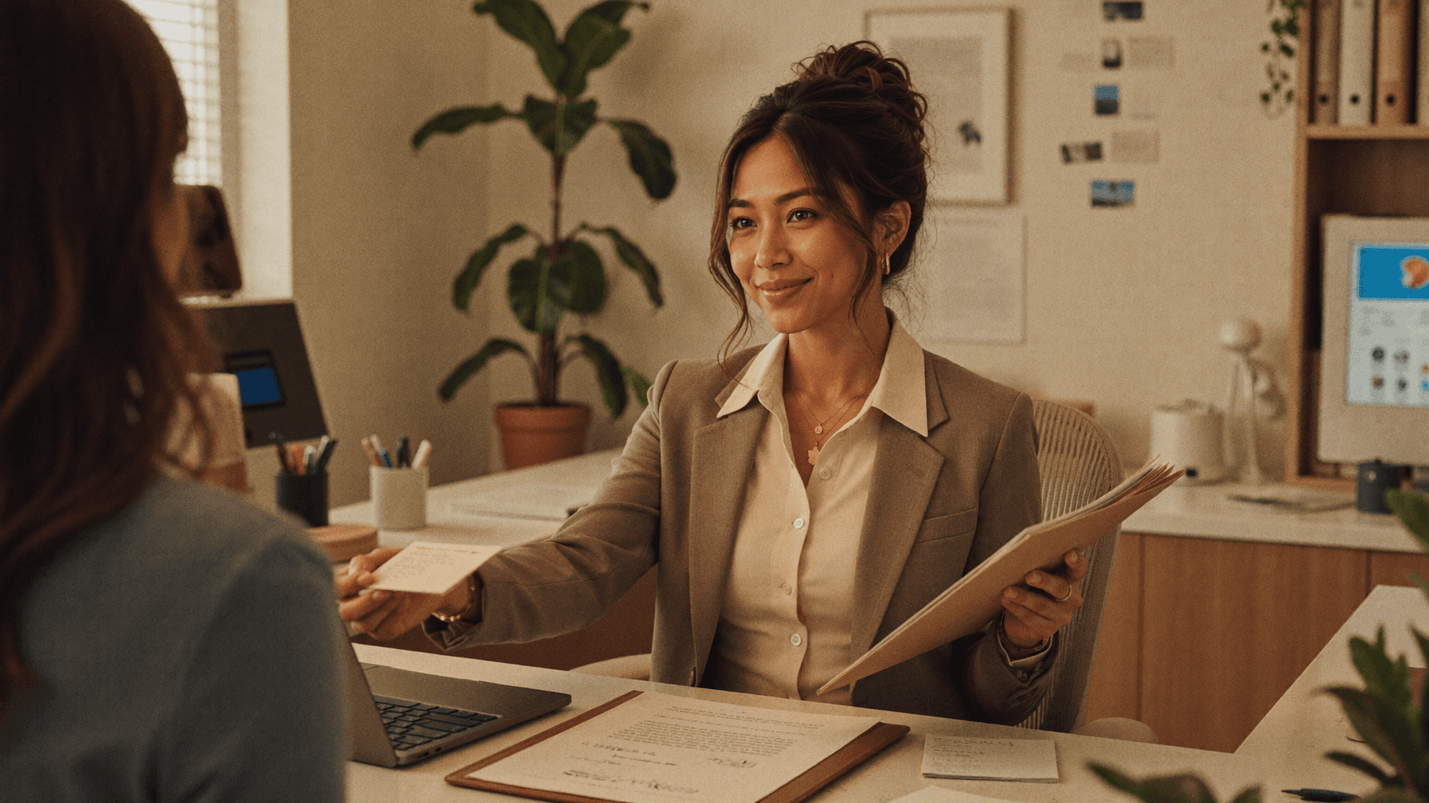Nia discussing an incoming customer enquiry with a visitor at a lived-in service-business front desk.