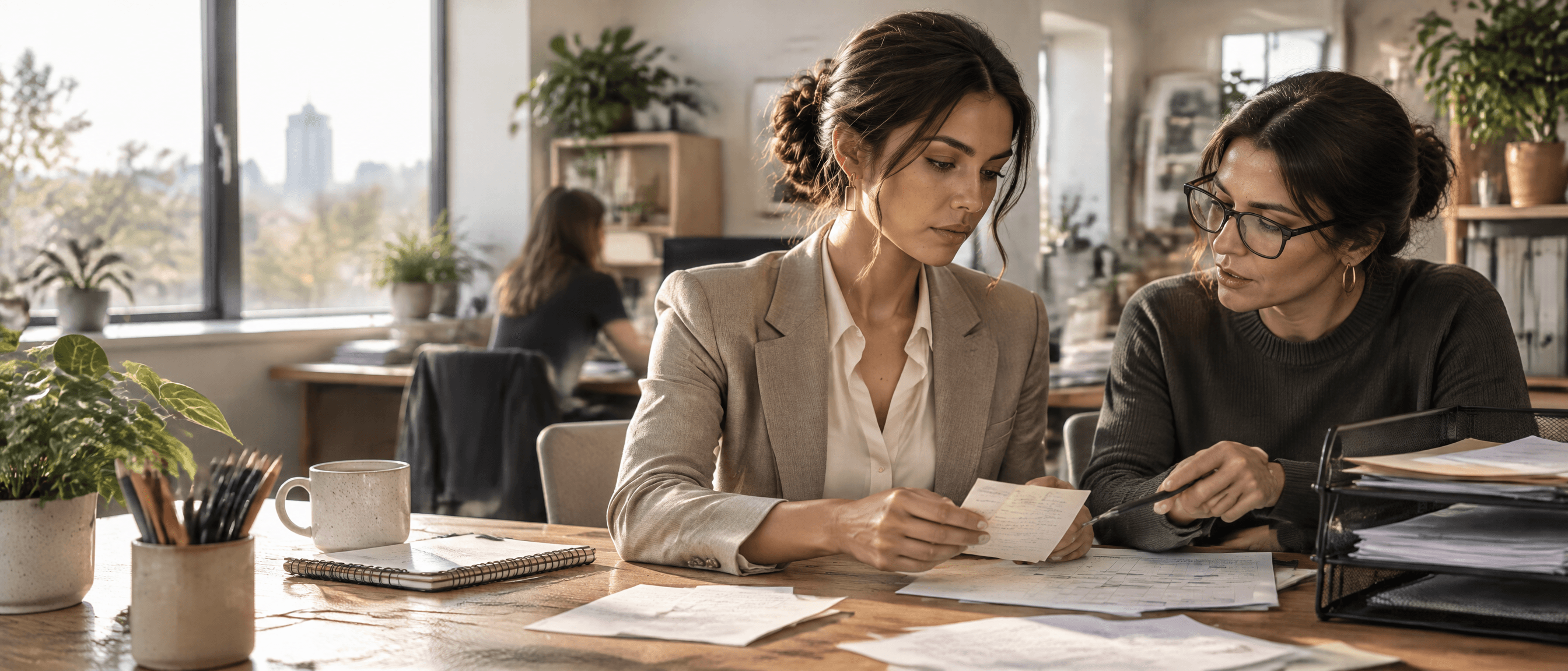 Aletheia reviewing customer enquiries and administrative handoffs with an operations colleague in a realistic, lived-in service-business office.