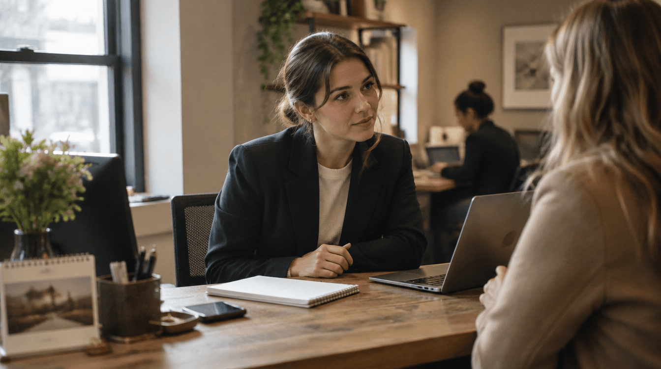 A receptionist attentively helping a customer at the lived-in front desk of a small service business.