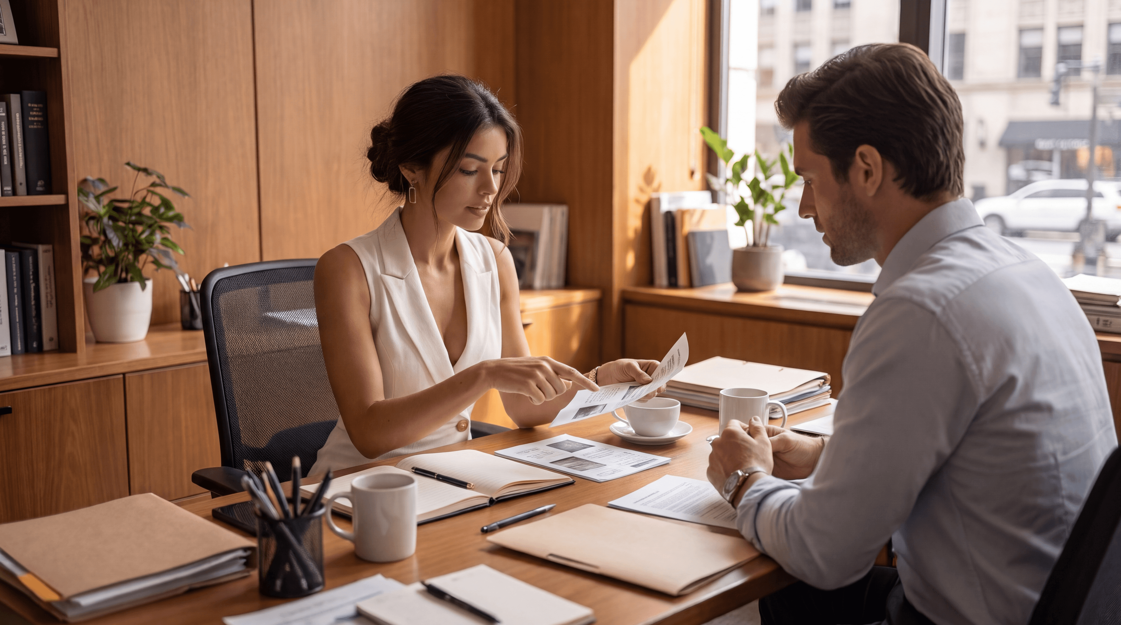 Aletheia reviews a scheduling exception with a colleague at a working office desk.